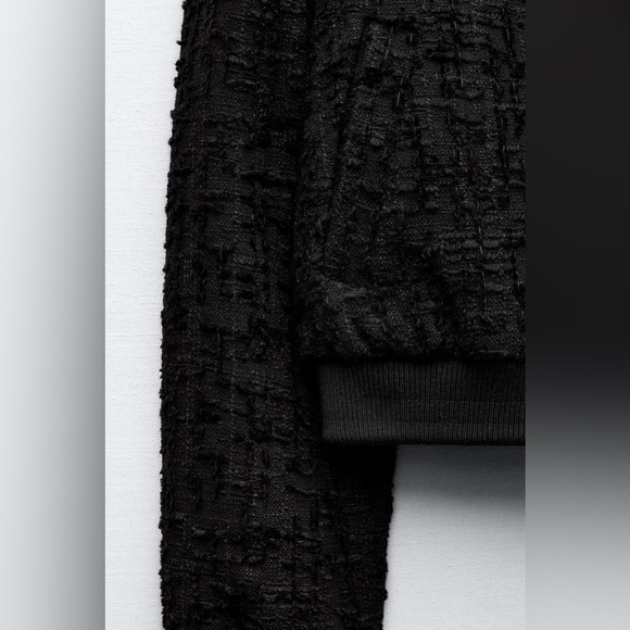 NWT. Zara Black Viscose/Wool Bland Embossed Fabric Cropped Bomber Jacket Size S. - Picture 5 of 12